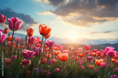 Radiant sunrise over a sea of tulips in full bloom, earth friendly images © Ingenious Buddy 