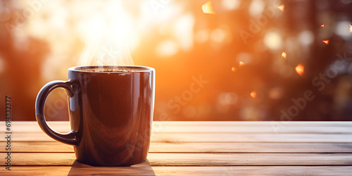 Black Mug Mockup Against the Background,Blurred Lights. Empty mug mock up for brand promotion.a cup of coffee sitting on top of a wooden table.Morning Bliss Delicious Coffee on Kitchen generative ai