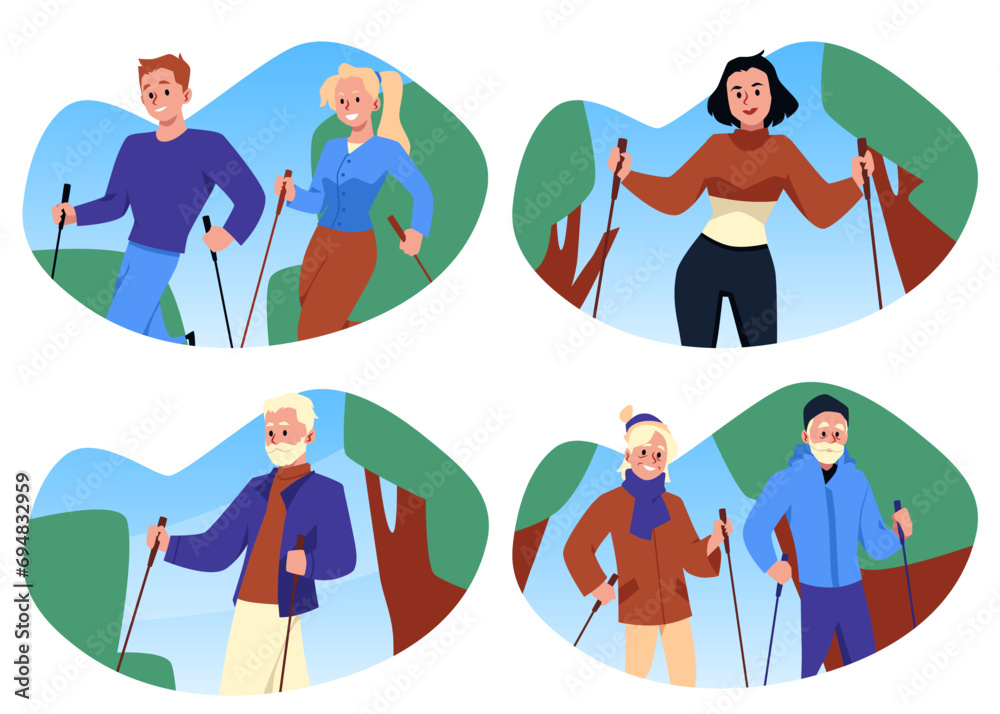 Fototapeta premium Set of diverse people doing nordic walking, flat vector illustration isolated on white background.
