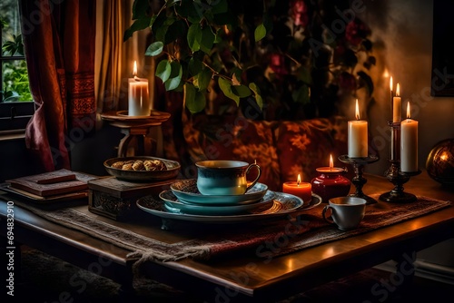 Details of a still life in a home's living room. a serving platter with a cup of tea and candles. Read and take a nap. cosy house
