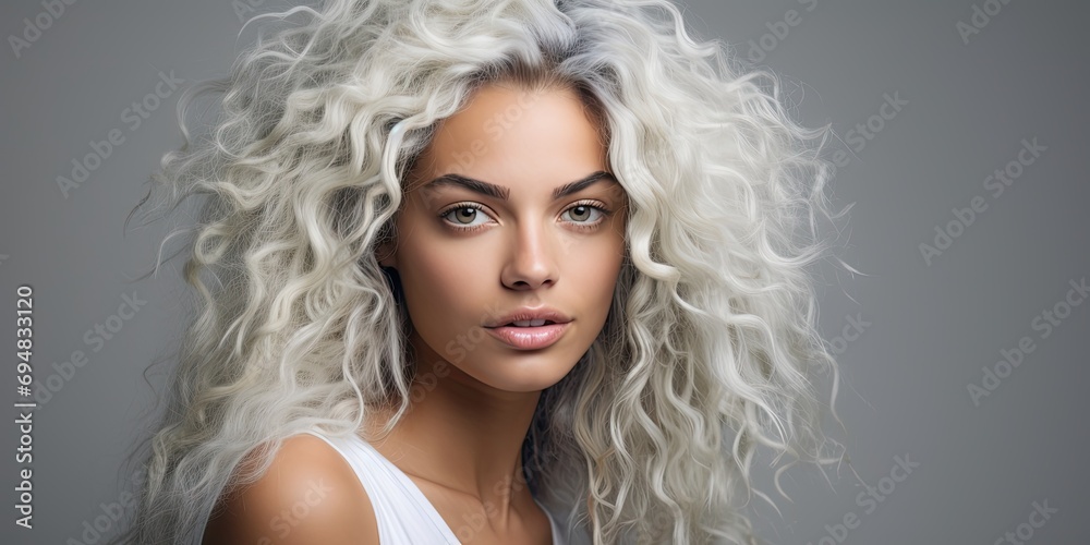 A young woman's portrait radiates beauty, featuring an attractive hairstyle, clean skin, and glamorous makeup.