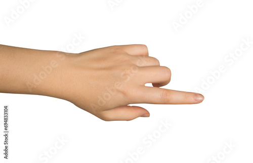 Women's hand with index finger pointing to something. PNG isolated on transparent background