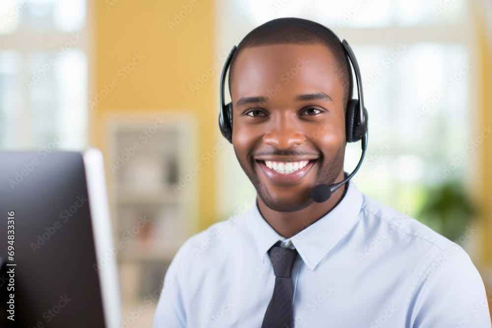 smiling african american man in headphones on workplace smiling african american man in headphones on workplace