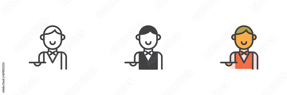 Waiter with tray different style icon set Waiter with tray different style icon set
