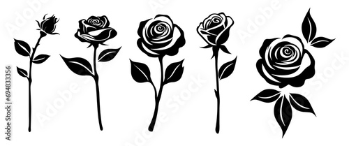 Black roses flowers silhouette set vector drawing.Floral beautiful wedding element.Stencil
