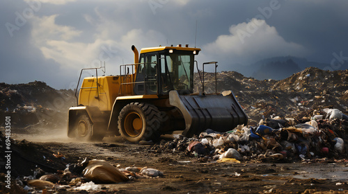 Yellow Bulldozer Is Used To Clean The Road At A Dumpsite photo