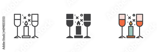 Wine glasses and candle different style icon set