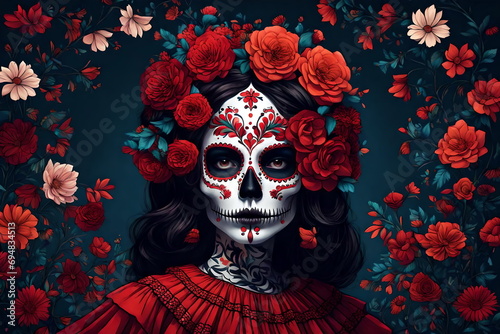 Illustration of Meixco day of the dead lady celebration holiday skull face painting photo