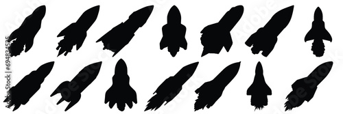Rocket space silhouettes set, large pack of vector silhouette design, isolated white background