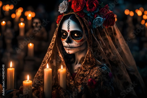 Illustration of Meixco day of the dead lady celebration holiday skull face painting photo