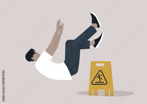 A cautionary yellow wet floor sign placed near a puddle, with a young character slipping and losing balance