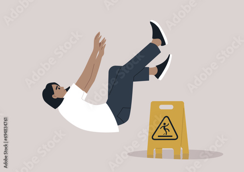 A cautionary yellow wet floor sign placed near a puddle, with a young character slipping and losing balance