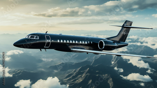 Black Private Jet In The Sky Above Mountains