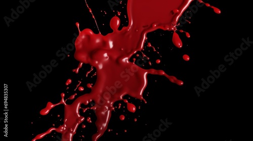 Red ink splash on black background. Blood Splatter. Splash and drops of red liquid.