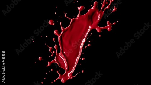 Red ink splash on black background. Blood Splatter. Splash and drops of red liquid.