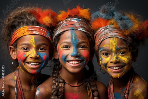 Children with painted faces on gray background, holi festival images hd