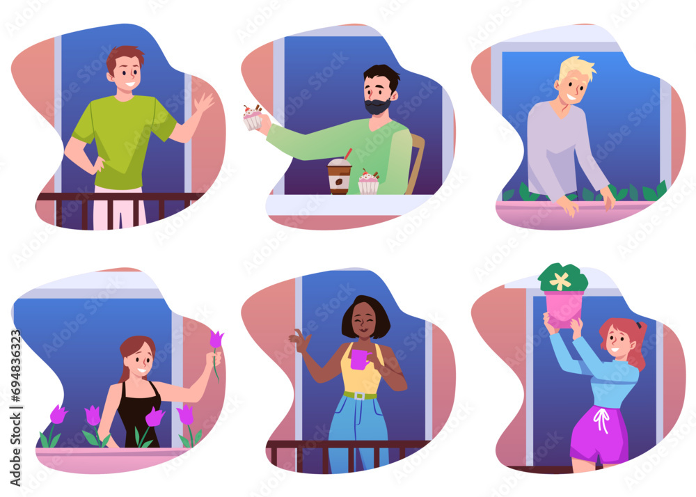 Set of neighbors interacting with each other through windows, flat vector illustration isolated on white background. Set of neighbors interacting with each other through windows, flat vector illustration isolated on white background.