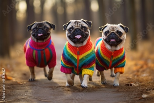 A trio of Pugs in colorful sweaters on a brisk walk photo