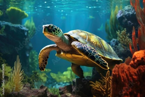 A turtle in a well-designed aquarium with aquatic plants