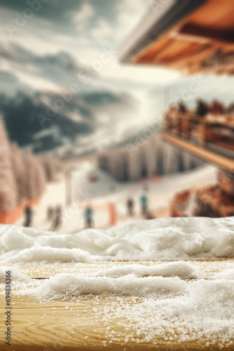 Desk of free space cover of snow and frost with winter landscape of mountains.  © magdal3na