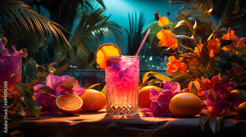 vibrant tropical scene featuring colorful cocktails, palm leaves, and a laid-back atmosphere