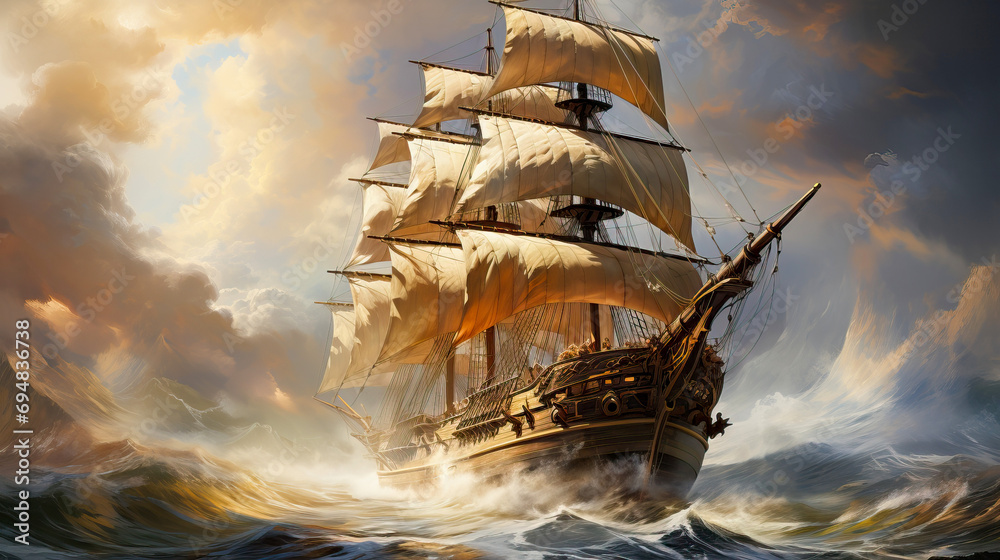 Magnificent ancient sailing ship in a stormy sea - obrazy, fototapety, plakaty 