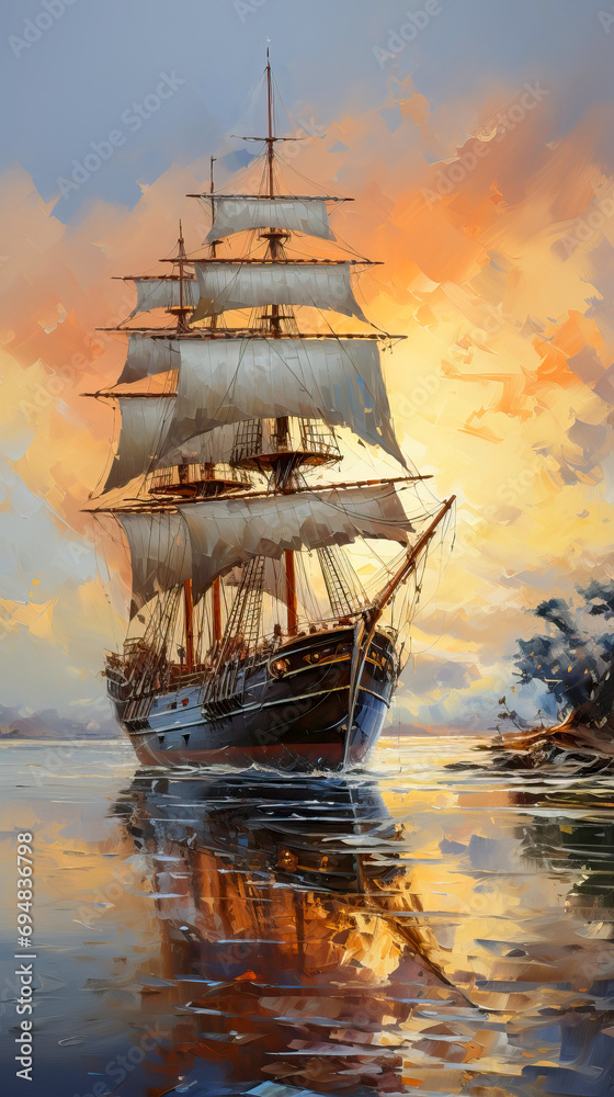 Paint like illustration of a magnificent ancient sailing ship,