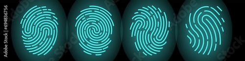 Set of vector fingerprints of different types. Personal identification. Fingerprints of turquoise colors on a black background. Stock illustration EPS 10