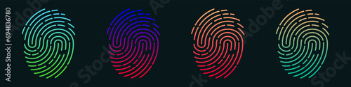 Set of vector fingerprints of different types. Personal identification. Fingerprints of different colors on a black background. Stock illustration EPS 10