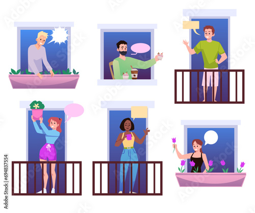 Neighbors talking with each other from windows and balconies, flat vector illustration isolated on white background.