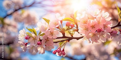 A delightful scene of nature in spring  featuring pink blossoms on a tree branch against a bright blue sky.