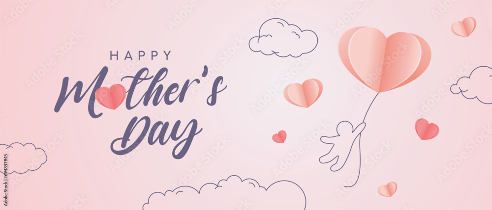 Mother's Day postcard with pink and red flying elements and child on pink sky background. Vector paper symbols of love in heart shape for greeting card design.