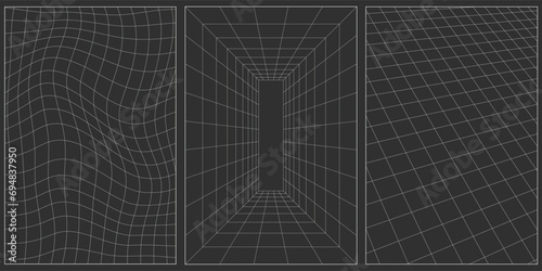 Simple abstract geometric white wireframe grid line backgrounds with editable strokes. Futuristic, retro, psychedelic, cyberpunk, or Y2k style pattern for poster element. Vector illustration