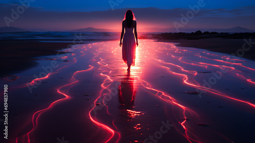 Femme marchant vers l'horizon sur un sol lumineux