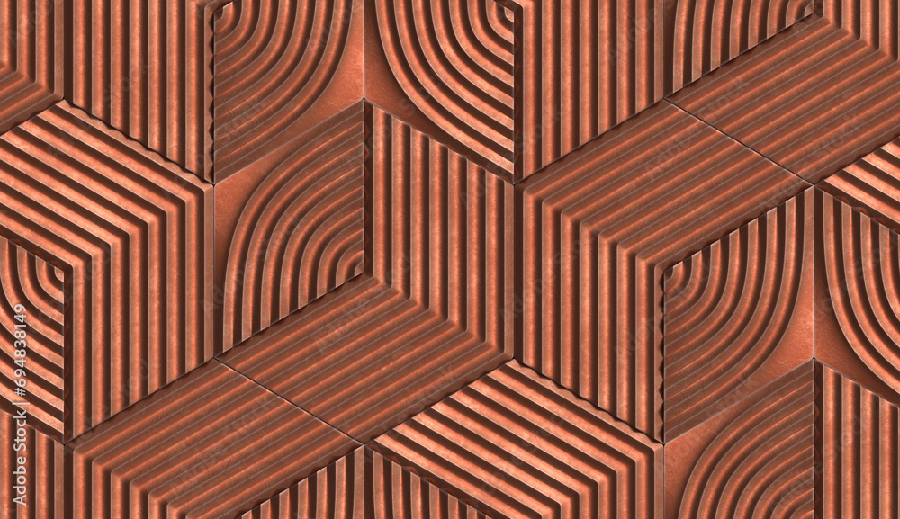 3D brass matte metal hexagons tiles with decor relief lines