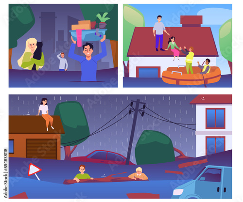 Flood victims trying to escape and waiting for help on flat vector illustration.