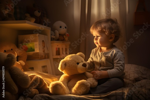 Child with teddy bear in bedroom at night