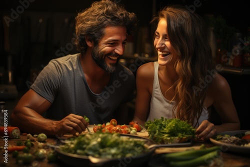 Couple shares laughter in a joyful cooking class learning a new dish, valentine, dating and love proposal image