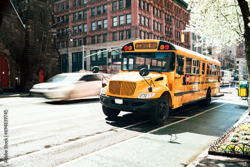 School bus on asphalt road photo