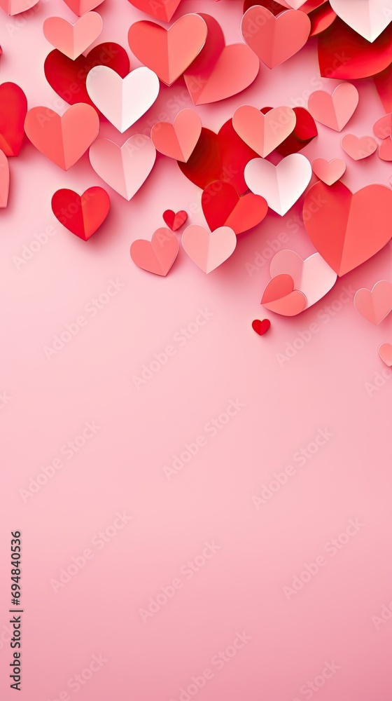 Valentines day background - red pink paper cut heart shapes, romantic vertical phone wallpaper - concept of love, romantic, dating, Mother or woman day, copy space