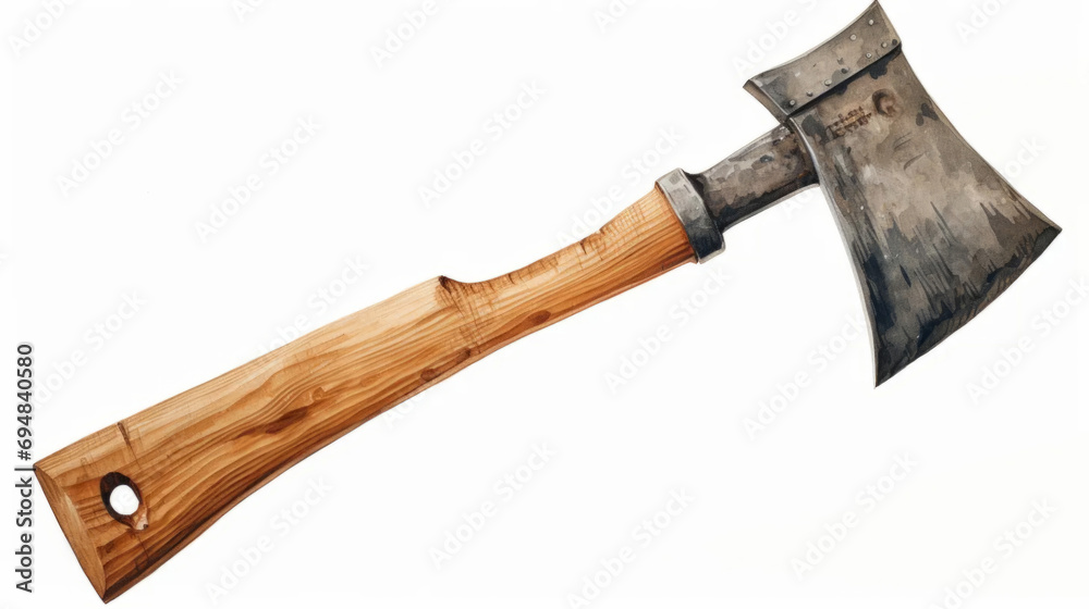 Watercolor illustration of an axe on a white background. Farm life.