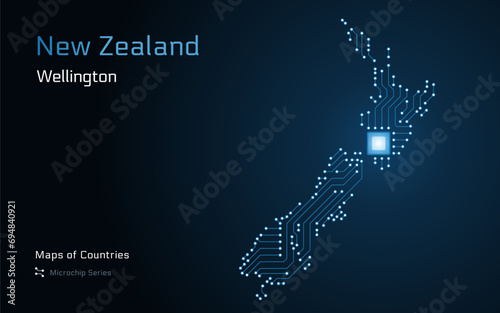 New Zealand Map with a capital of  Wellington Shown in a Microchip Pattern with processor. E-government. World Countries vector maps. Microchip Series photo