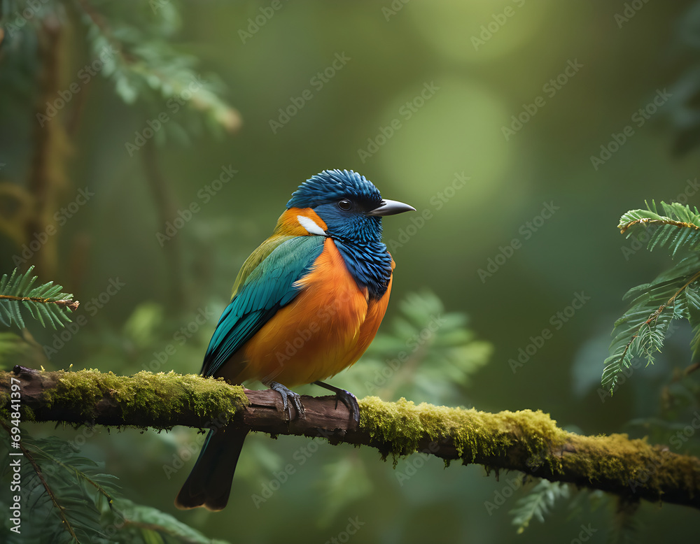 a beutiful bird setting on a branch in dense jungle