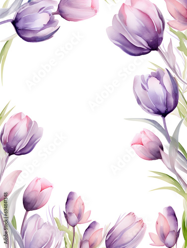 Abstract frame background with purple watercolor tulips and free copy space inside 