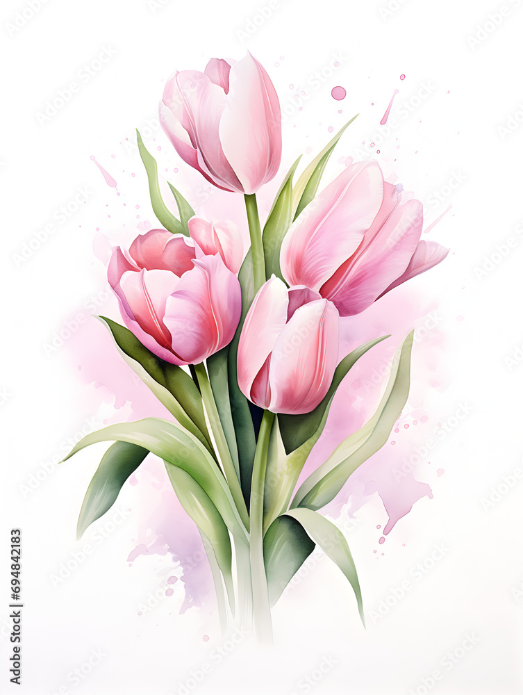 Pink watercolor tulips abstract floral background