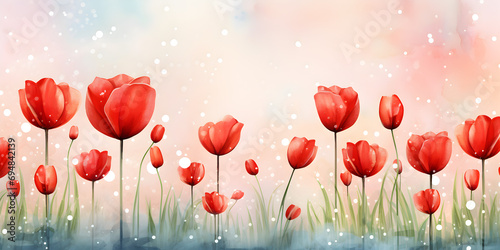 Red watercolor tulips abstract floral background