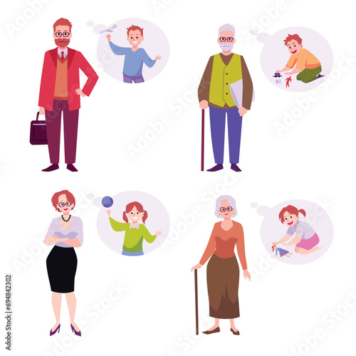 Set of old and adult men and women remembering themselves as children flat style