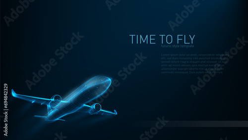 3D Blue Wire Plane Take Off On Dark Background photo