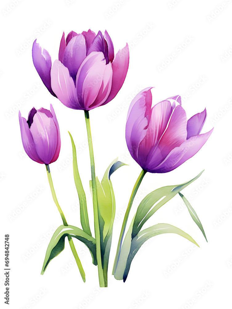 Purple watercolor tulips isolated on white background
