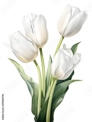 White watercolor tulips isolated on white background